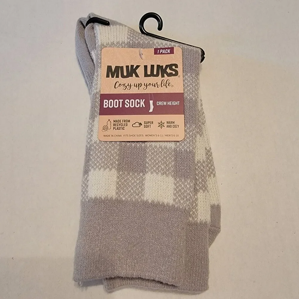 Muk Luks Boot Socks Crew Height Grey Plaid - Size 6-11W / 6-10M NWT